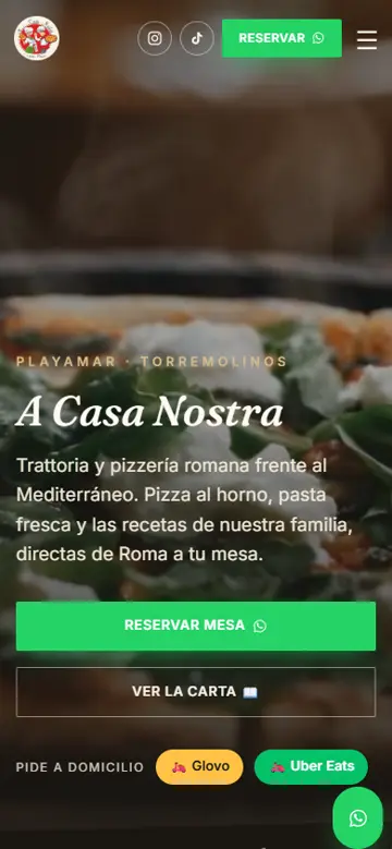 Web de la trattoria A Casa Nostra vista en un móvil